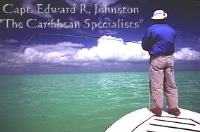 Capt. Johnston searching for permit at Ascension Bay Mexico. Edward Russell Johnston, of Leisure Time Travel, has visited this part of the Yucatan peninsula 28 times in the past  
nineteen years and has caught 80 permit on a fly at there 